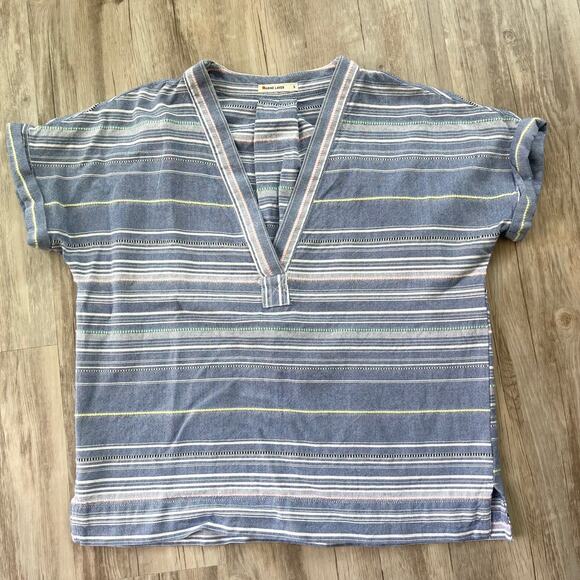MARINE LAYER $88 Bali Tunic Top Blue Multi Stripe Cotton Short Sleeve Size Small - Picture 2 of 8